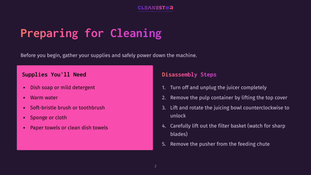 Slide Titled &Quot;Preparing For Cleaning&Quot; With Text Detailing Supplies Needed And Disassembly Steps For A Juicer, Including &Quot;Dish Soap Or Mild Detergent&Quot; And &Quot;Turn Off And Unplug The Juicer Completely.