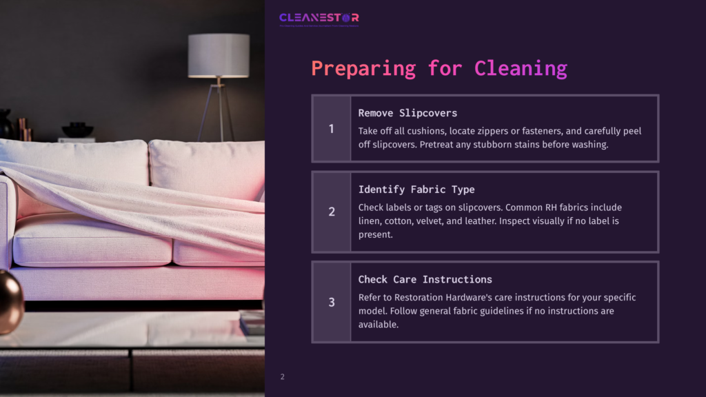 An Infographic With Three Steps For Preparing Furniture For Cleaning. A Pink Couch Is Partially Covered With A Blanket In The Background, Next To A Modern Floor Lamp And A Table With A Small Bowl.