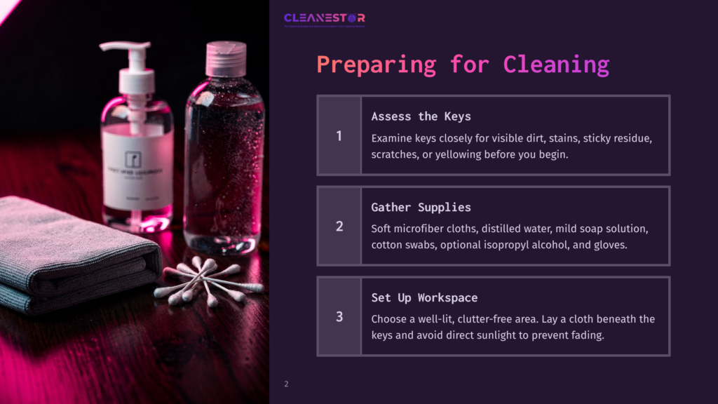 Cleanestor Logo And Text &Quot;Preparing For Cleaning&Quot; With Numbered Steps: 1. Assess The Keys, 2. Gather Supplies, 3. Set Up Workspace. Image Shows Cleaning Supplies Like A Spray Bottle, Liquid In A Bottle, Microfiber Cloth, And Cotton Swabs.