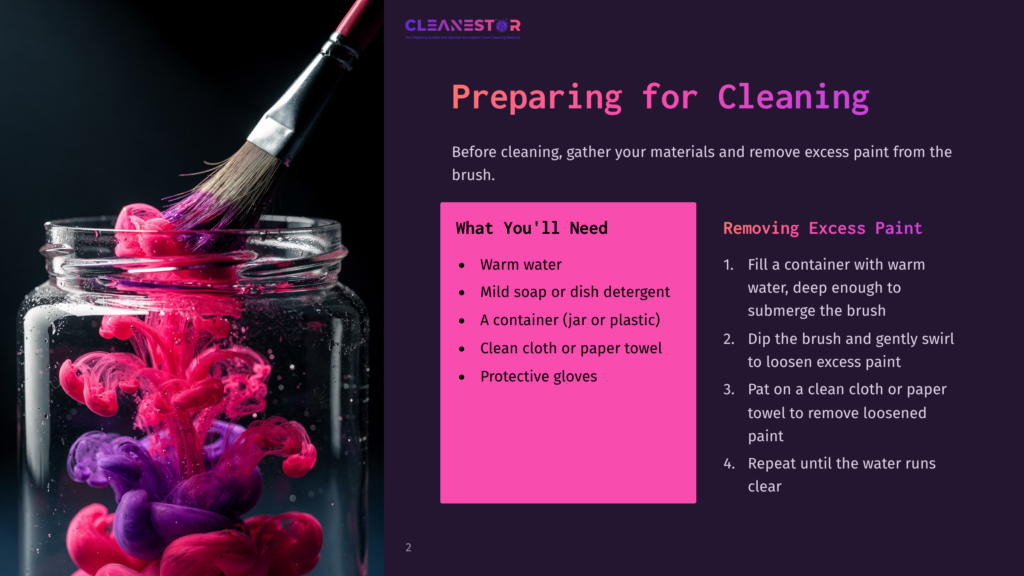 2 Preparing For Cleaning 5 A Glass Jar Filled With Vibrant Red And Purple Paint, With A Paintbrush Above It, Ready To Clean Excess Paint. A Pink Box Lists Items Needed For Cleaning: Warm Water, Mild Soap, A Container, Clean Cloth, And Protective Gloves.