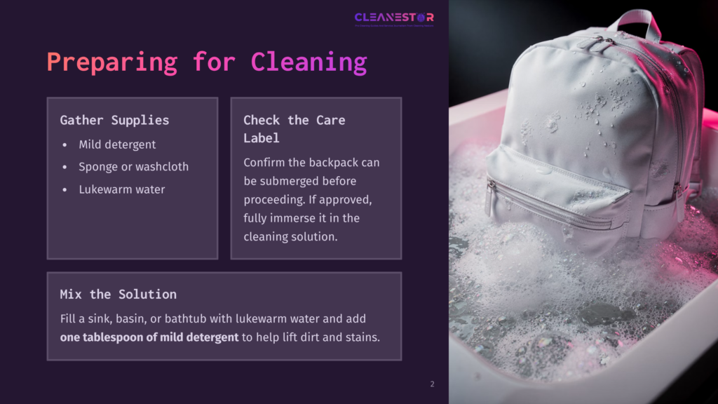 A White Backpack Submerged In A Tub Filled With Soapy Water, With Instructions On The Side To Check The Care Label And Mix A Cleaning Solution.