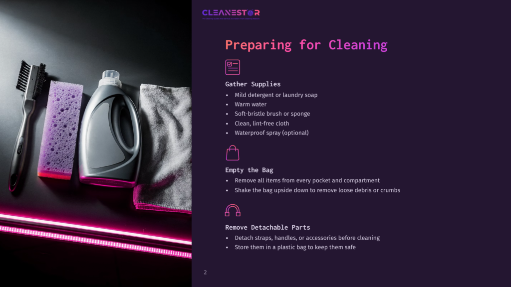 A Cleaning Supplies Flat Lay Includes A Purple Scrub Brush, A Pink Sponge, A Bottle Of Cleaning Liquid, And A Gray Microfiber Cloth On A Dark Background With Pink Neon Lighting. Text Reads &Quot;Cleanestor Preparing For Cleaning&Quot; And Lists Supplies And Steps.