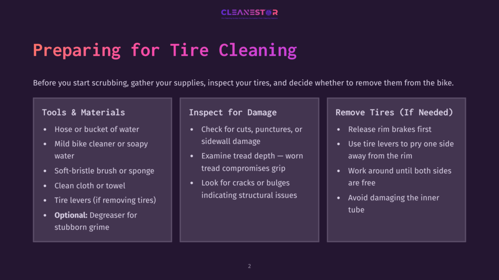 2 Preparing For Tire Cleaning A Dark Purple Slide Titled &Quot;Preparing For Tire Cleaning&Quot; With Three Sections: &Quot;Tools &Amp; Materials,&Quot; &Quot;Inspect For Damage,&Quot; And &Quot;Remove Tires (If Needed).