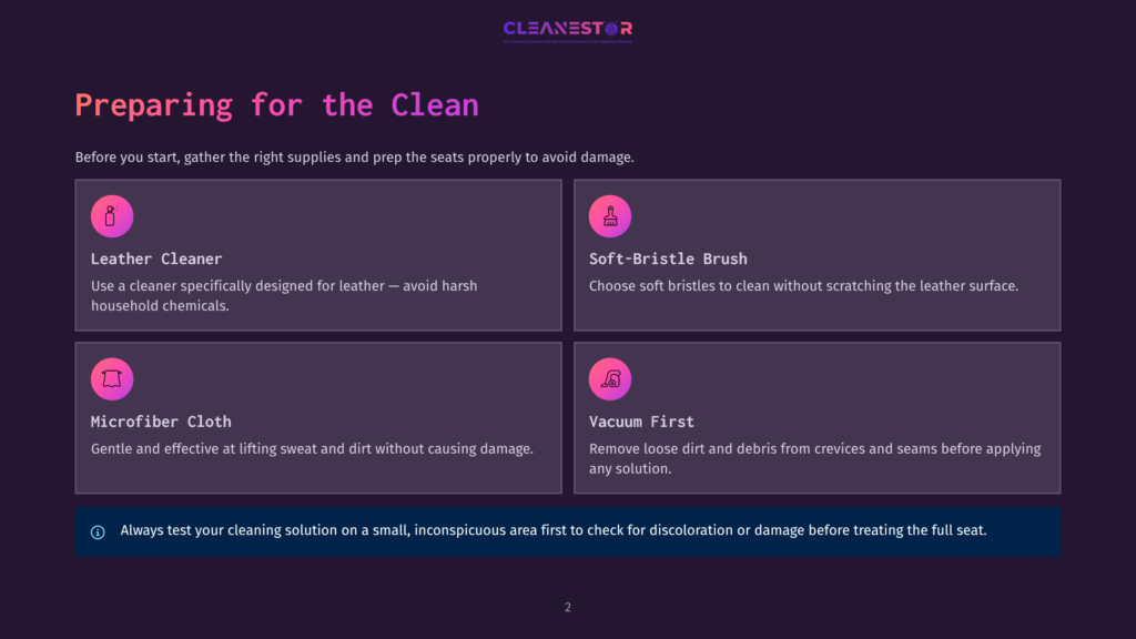 Infographic Titled &Quot;Preparing For The Clean&Quot; Outlines Essential Supplies For Car Seat Cleaning: Leather Cleaner, Soft-Bristle Brush, Microfiber Cloth, And Vacuum. It Emphasizes Testing Solutions And Vacuuming First.