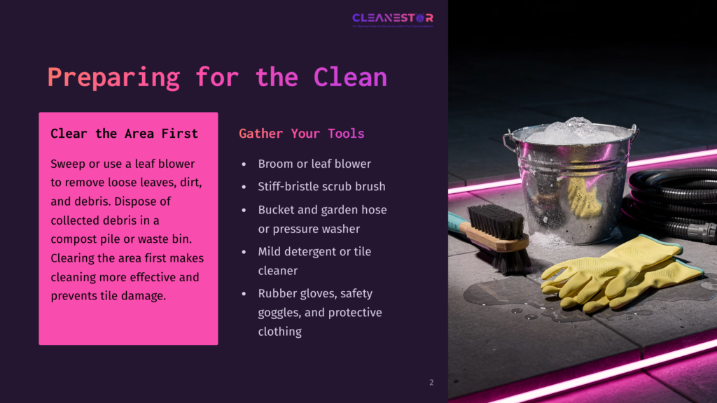 2 Preparing For The Clean A Still Life Of Cleaning Supplies For Outdoor Tile Cleaning, Including A Yellow Rubber Glove, Brushes, And A Bucket Of Ice, With A Dark, Wet Tile Floor And A Black Hose In The Background. The Text &Quot;Cleanestor&Quot; Is Visible.