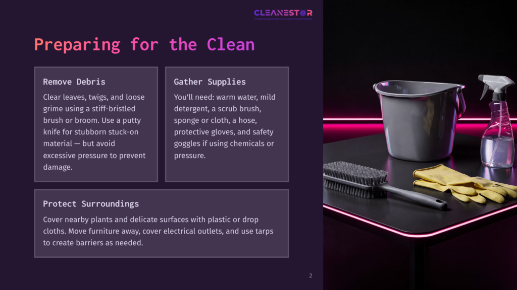 Cleanestor Logo At The Top Of A Dark Background With Neon Pink And Blue Lighting. The Text &Quot;Preparing For The Clean&Quot; Is Prominent. To The Right, A Table With Cleaning Supplies: A Grey Bucket, A Scrub Brush, Yellow Gloves, And A Spray Bottle.