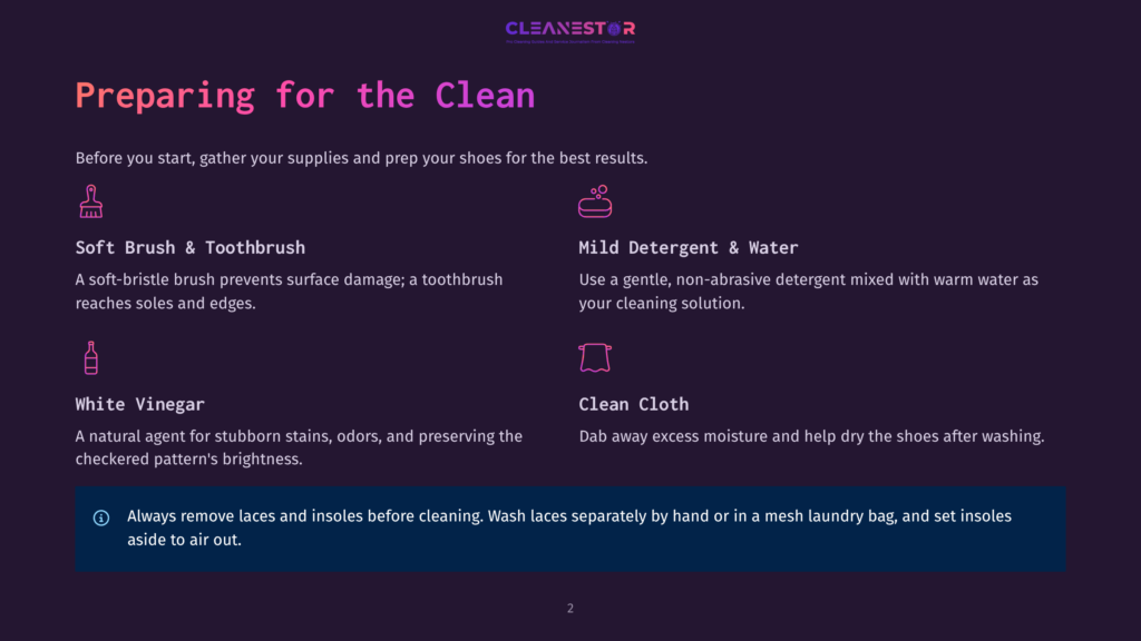 Preparing For The Clean: Icons And Text List Supplies For Shoe Cleaning, Including A Soft Brush, Toothbrush, Mild Detergent, Water, White Vinegar, And A Clean Cloth.