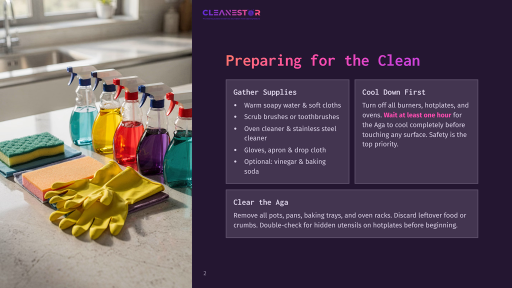 Cleanestor Logo And Text &Quot;Preparing For The Clean&Quot; With Cleaning Supplies Like Spray Bottles, Sponges, And Gloves On A Countertop.