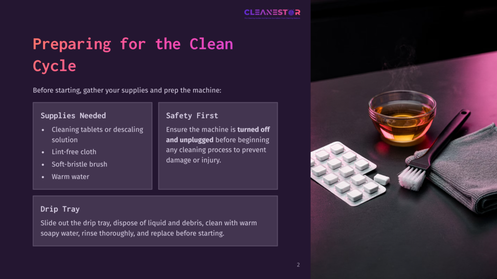 2 Preparing For The Clean Cycle Cleaning Supplies For A Coffee Machine: Cleaning Tablets, Lint-Free Cloth, Soft-Bristle Brush, And Warm Water. A Bowl Of Cleaning Solution And A Coffee Machine Drip Tray Are Also Visible.