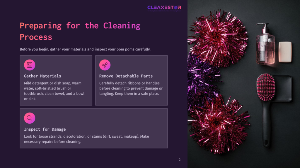 A Graphic Displays Instructions For Preparing To Clean, With Text And Icons. A Pink And Purple Pom-Pom, A Bottle Of Liquid Soap, A Bar Of Soap, And A Hairbrush Are On A Dark Background.