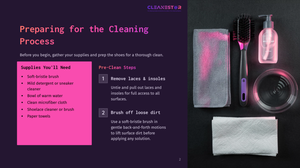 Overhead View Of Shoe Cleaning Supplies: Soft-Bristle Brush, Microfiber Cloth, Bowl Of Water, Mild Detergent, Shoelace Cleaner, Paper Towels, And A Bottle Of &Quot;Milk Soap&Quot; Cleaner. Text Overlays Detail &Quot;Preparing For The Cleaning Process&Quot; And &Quot;Pre-Clean Steps.