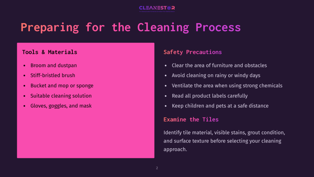 Presentation Slide Titled &Quot;Preparing For The Cleaning Process&Quot; With Sections On &Quot;Tools &Amp; Materials&Quot; And &Quot;Safety Precautions,&Quot; Listing Items Like Broom, Dustpan, Bucket, Mop, Gloves, And Safety Advice.