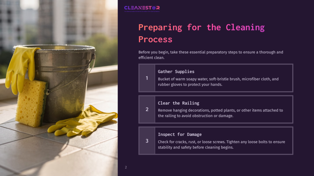 Yellow Rubber Gloves And A Yellow Sponge Sit Next To A Metal Bucket On A Tiled Balcony, Ready For Cleaning. Text Reads &Quot;Cleanestor Preparing For The Cleaning Process.
