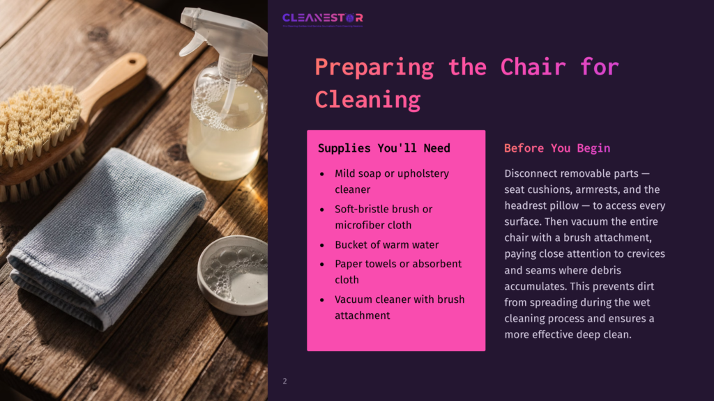 Cleanestor Logo And Text On A Dark Background, With A Close-Up Of Cleaning Supplies For Chair Cleaning: A Spray Bottle, A Microfiber Cloth, A Brush, And A Bowl Of Soapy Water On A Wooden Surface.