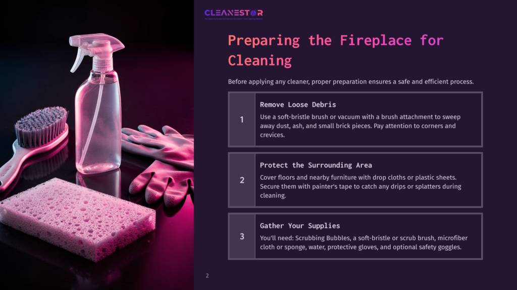 Cleaning Supplies For Fireplace Preparation: A Pink Sponge, Scrubbing Brush, And Spray Bottle On A Dark Surface, With Text &Quot;Cleanestor Preparing The Fireplace For Cleaning.