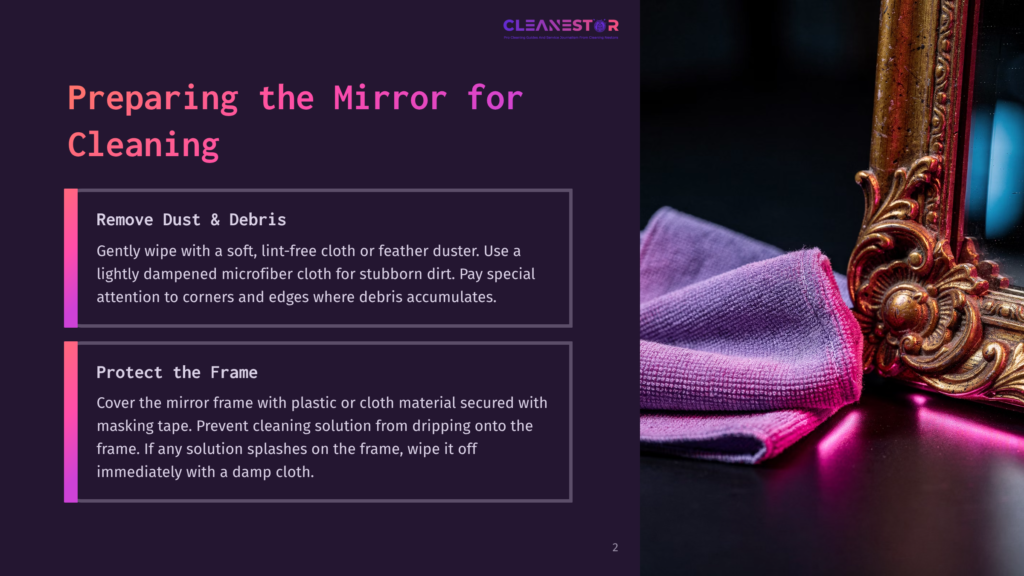 Close-Up Of A Purple Microfiber Cloth Draped Over A Decorative Gold Mirror Frame, With A Dark, Blurred Background. Text Overlay Reads &Quot;Cleanestor&Quot; And &Quot;Preparing The Mirror For Cleaning&Quot;.