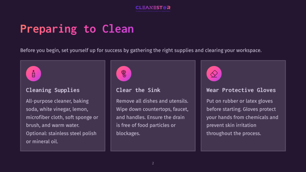 A Purple Background With A Text &Quot;Preparing To Clean&Quot; And Three Icons With Cleaning Tips, Including Using An All-Purpose Cleaner, Baking Soda, And Wearing Protective Gloves.