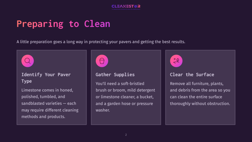 Three Sections On Preparing To Clean Pavers: &Quot;Identify Your Paver Type,&Quot; &Quot;Gather Supplies,&Quot; And &Quot;Clear The Surface.