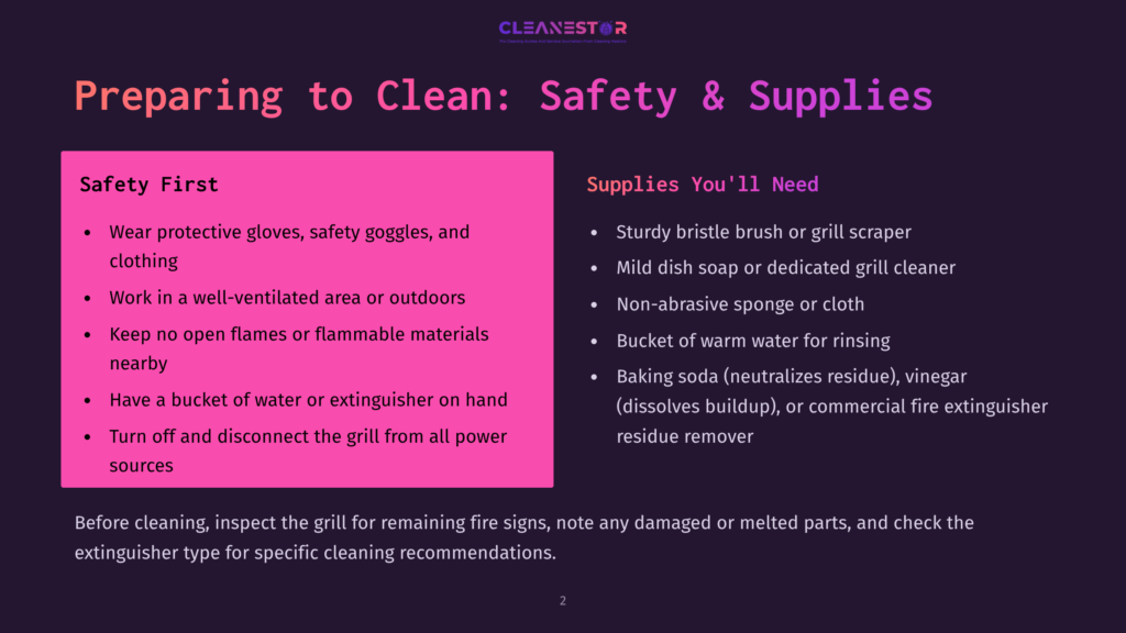 2 Preparing To Clean Safety And Supplies A Graphic Titled &Quot;Preparing To Clean: Safety &Amp; Supplies&Quot; Lists Safety Precautions Like Wearing Protective Gear And Having A Fire Extinguisher, And Supplies Like Dish Soap And A Non-Abrasive Sponge.
