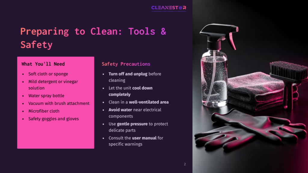 2 Preparing To Clean Tools And Safety 1 A Cleaning Kit With A Spray Bottle, Microfiber Cloths, Gloves, And A Brush Is Artfully Arranged On A Dark, Reflective Surface, Suggesting A Professional Cleaning Setup.