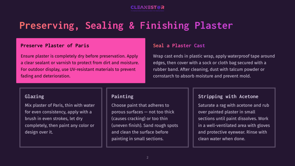 Diagram Illustrating How To Preserve, Seal, And Finish Plaster, With Sections On &Quot;Preserve Plaster Of Paris,&Quot; &Quot;Seal A Plaster Cast,&Quot; &Quot;Glazing,&Quot; &Quot;Painting,&Quot; And &Quot;Stripping With Acetone.