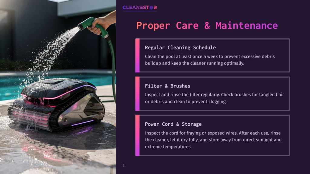 2 Proper Care And Maintenance A Black Robotic Pool Cleaner With Pink And Purple Led Lights Is Being Rinsed With A Green Garden Hose Next To A Swimming Pool. Text Overlay Reads &Quot;Cleanestor&Quot; And &Quot;Proper Care &Amp; Maintenance.