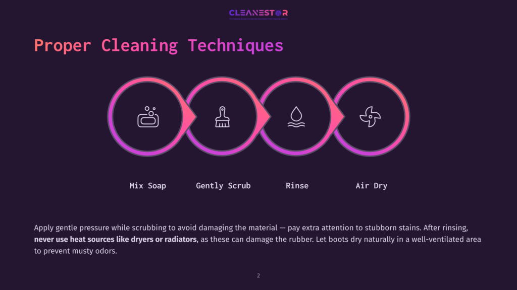 An Infographic Titled &Quot;Proper Cleaning Techniques&Quot; Displays Four Circular Icons With Text And Symbols. From Left To Right, The Icons Depict The Steps: Mix Soap, Gently Scrub, Rinse, And Air Dry. Each Icon Features A Relevant Icon: A Bottle Of Soap, A Hand With A Brush, Water Droplets, And A Fan. Below The Icons, There'S An Instruction To Apply Gentle Pressure While Scrubbing To Avoid Damaging The Material, To Rinse Thoroughly, And To Air Dry In A Well-Ventilated Area.