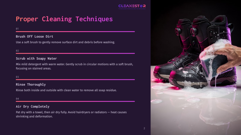 A Person'S Hands Scrub A Black Snowboard Boot With White Soap Suds And A Brush, With Other Boots And Suds In The Background. Text On The Left Details Proper Cleaning Techniques.