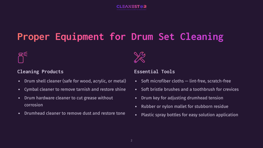 2 Proper Equipment For Drum Set Cleaning A Dark Purple Slide Titled &Quot;Proper Equipment For Drum Set Cleaning&Quot; Lists Essential Cleaning Products Like Drum Shell Cleaner And Cymbal Cleaner, And Essential Tools Such As Microfiber Cloths And Plastic Spray Bottles.
