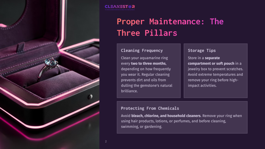 2 Proper Maintenance The Three Pillars 1 A Luxurious, Open Jewelry Box With Neon Pink Lighting Displays A Sparkling Aquamarine Ring On A Velvet Cushion. The Text &Quot;Cleanestor Proper Maintenance: The Three Pillars&Quot; Is Visible.