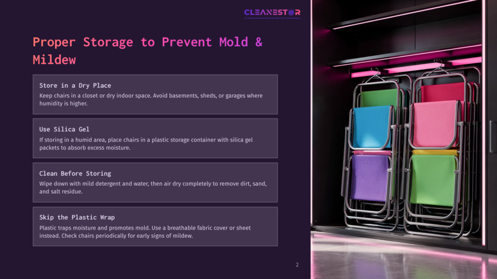 Modern Storage Unit With Stacked Colorful Folding Chairs In Pink, Green, Blue, And Purple, Illuminated By Purple Led Lights. Text Overlay Reads &Quot;Cleanestor&Quot; And &Quot;Proper Storage To Prevent Mold &Amp; Mildew&Quot;.