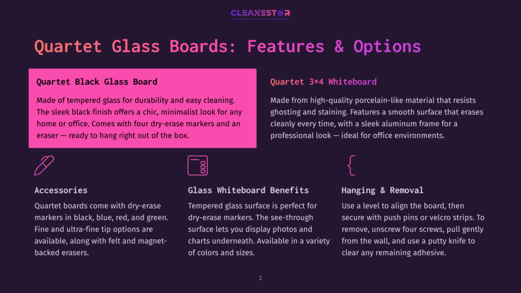 Quartet Glass Boards: Features &Amp; Options. This Graphic Highlights Quartet Black Glass Boards And Quartet 3X4 Whiteboards, Detailing Their Features, Benefits, And Hanging/Removal Instructions.