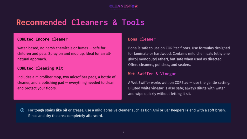 A Dark Purple Background With A Dark Blue Overlay At The Bottom, Featuring A White Cleanestor Logo At The Top. The Main Section Displays Two Columns Of Text Describing Coretec Cleaners And Tools, Including Coretec Encore Cleaner And Coretec Cleaning Kit On The Left, And Bona Cleaner And Wet Swiffer &Amp; Vinegar On The Right.