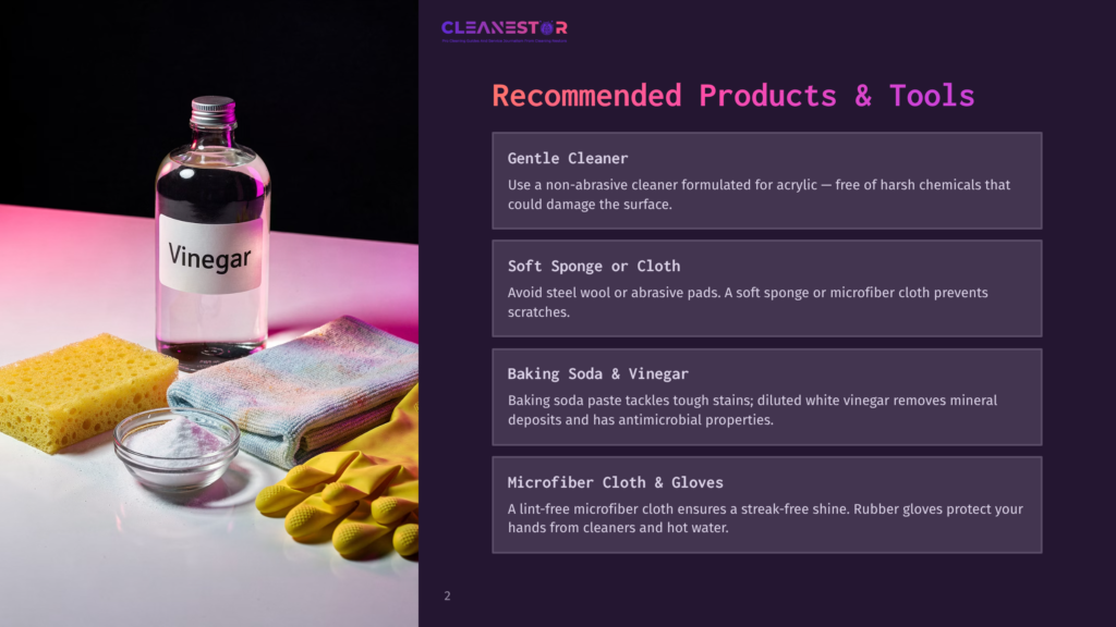 2 Recommended Products And Tools A Bottle Of White Vinegar Sits Next To A Stack Of Microfiber Cloths, Yellow Rubber Gloves, And A Bowl Of White Powder On A White Surface, With A Pinkish Light Illuminating The Scene.