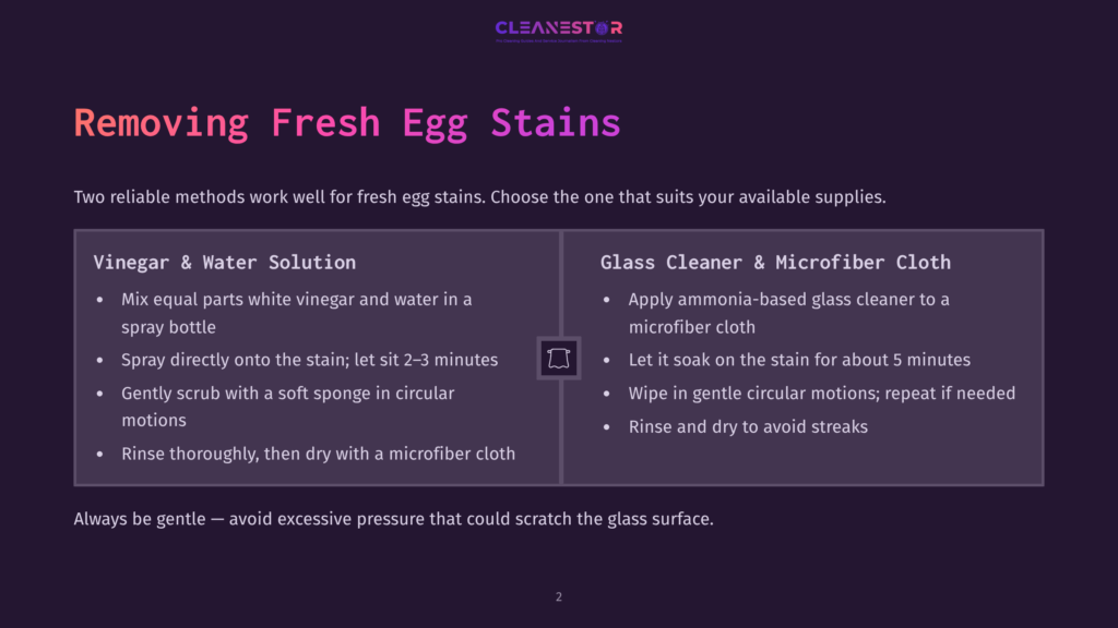 2 Removing Fresh Egg Stains A Dark Purple Slide Titled &Quot;Removing Fresh Egg Stains&Quot; Details Two Methods For Stain Removal: &Quot;Vinegar &Amp; Water Solution&Quot; And &Quot;Glass Cleaner &Amp; Microfiber Cloth,&Quot; With Step-By-Step Instructions For Each.