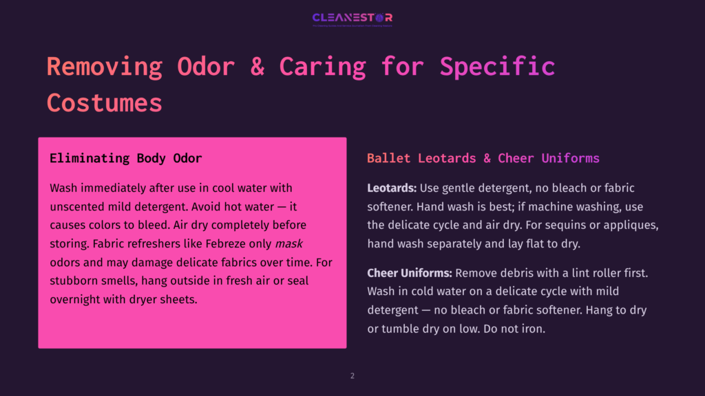Dark Background With A Pink Overlay On The Left Detailing How To Remove Odor And Care For Costumes, Especially Ballet Leotards And Cheer Uniforms. Text Includes Washing Instructions And Tips For Stubborn Smells.