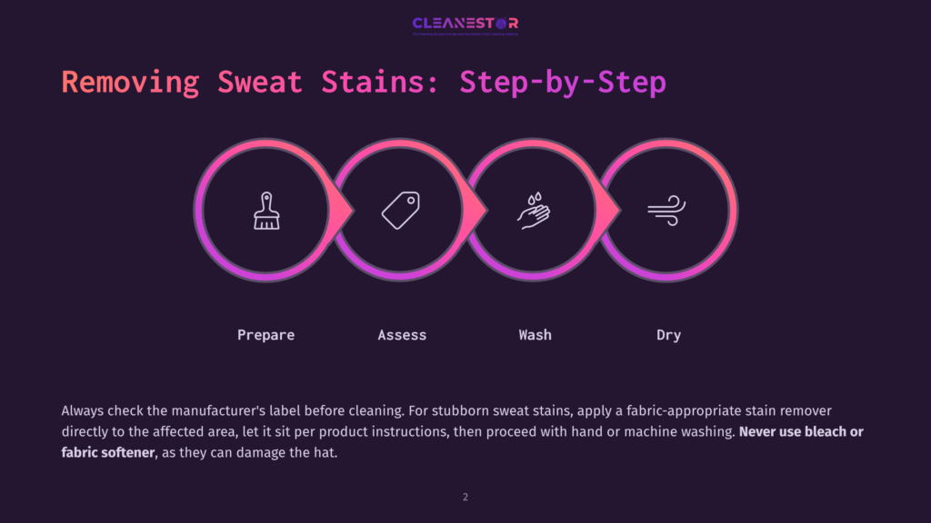 2 Removing Sweat Stains Step By Step Infographic Detailing Steps For Removing Sweat Stains From Hats: Prepare, Assess, Wash, Dry. Features Icons And Text In Purple And Pink Hues.