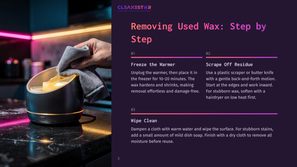 Close-Up Of A Hand Wiping A Wax Warmer With A Grey Cloth. The Warmer Is A Sleek, Modern Device With A Glowing Yellow Light, Sitting On A Dark, Polished Countertop With A Blurred Background Of Neon Pink And Orange Lights. Text Overlays Provide Instructions For Removing Wax.