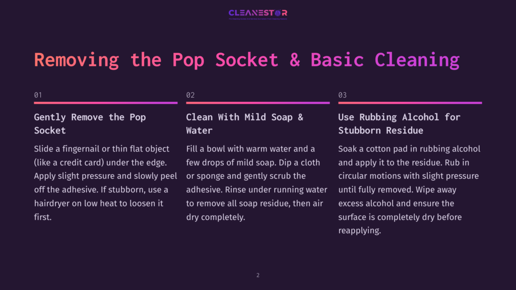 Infographic Detailing How To Remove A Pop Socket And Clean Its Residue. Steps Include Gently Prying Off The Socket, Cleaning With Mild Soap And Water, And Using Rubbing Alcohol For Stubborn Residue.