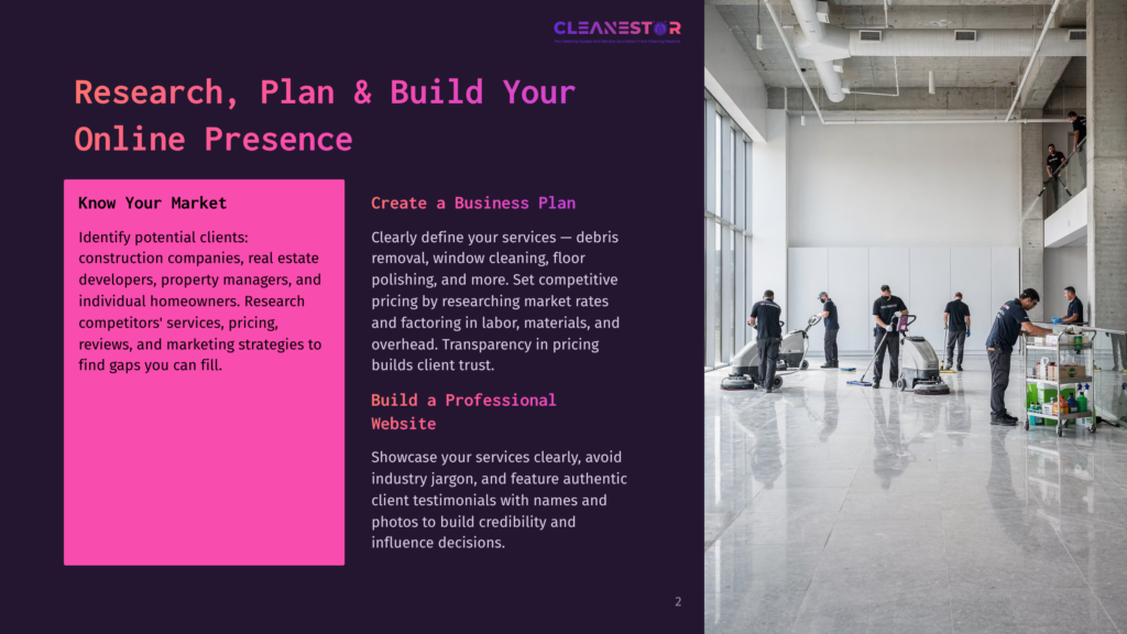 2 Research Plan And Build Your Online Presence A Wide Shot Of A Modern, Sunlit Commercial Building Interior With Polished Concrete Floors. Several Cleaning Professionals In Blue Uniforms Are Seen Operating Floor Cleaning Machines, With Cleaning Carts And Equipment Visible.