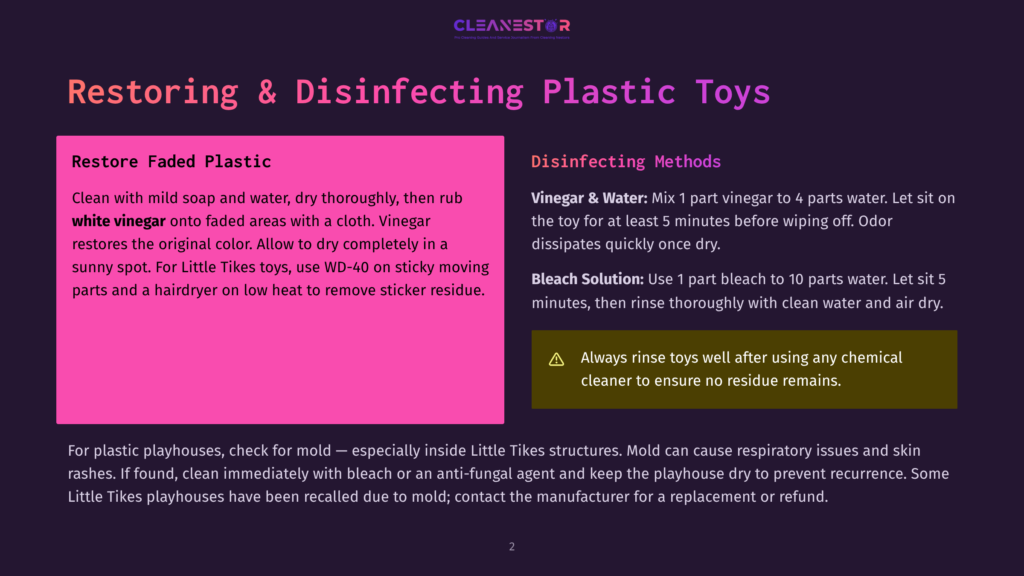 Restoring And Disinfecting Plastic Toys: Instructions For Cleaning Faded Plastic Toys With Vinegar And For Disinfecting Toys With Bleach Solution.