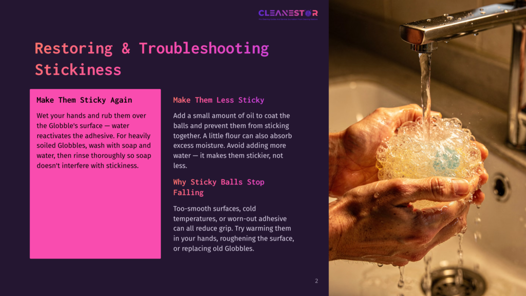 Hands Washing A Yellow Sticky Ball Under A Running Faucet, With Text About Cleaning And Restoring Sticky Globbles.