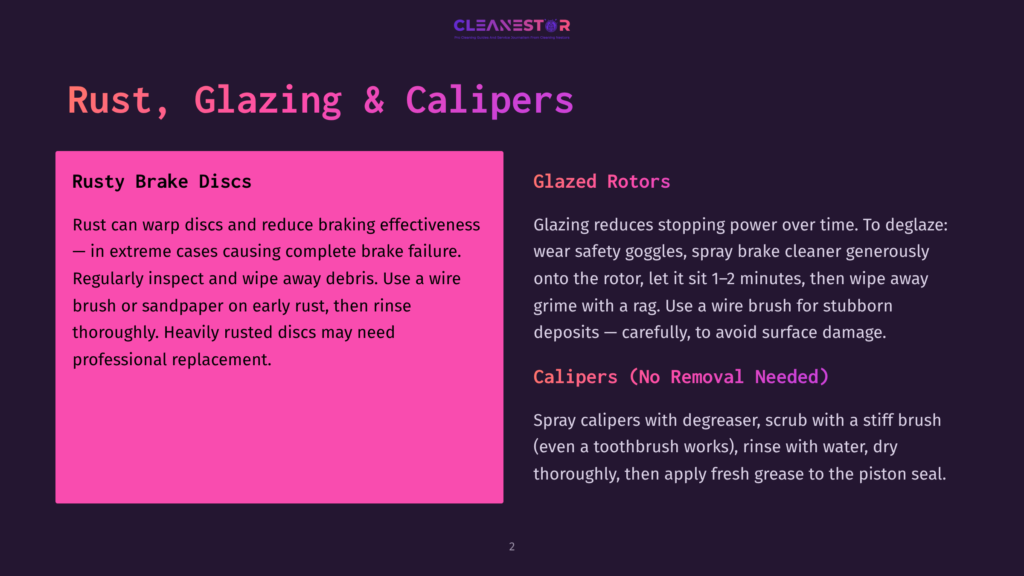 Slide Title: Rust, Glazing &Amp; Calipers. Left Side: Pink Box Detailing Rust On Brake Discs, Their Effects, And Cleaning Tips. Right Side: White Box Explaining Glazing On Rotors And Caliper Cleaning With Degreaser.