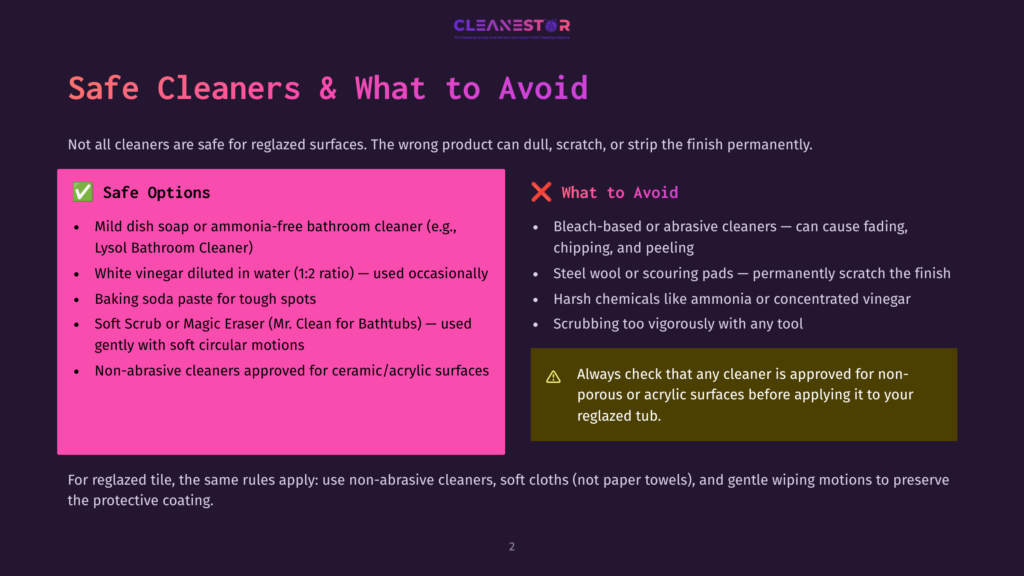2 Safe Cleaners And What To Avoid A Graphic Displays Safe Cleaning Options Versus What To Avoid For Reglazed Surfaces, Including Mild Dish Soap, White Vinegar, Baking Soda, And Non-Abrasive Cleaners Against Bleach-Based Cleaners, Steel Wool, And Harsh Chemicals.