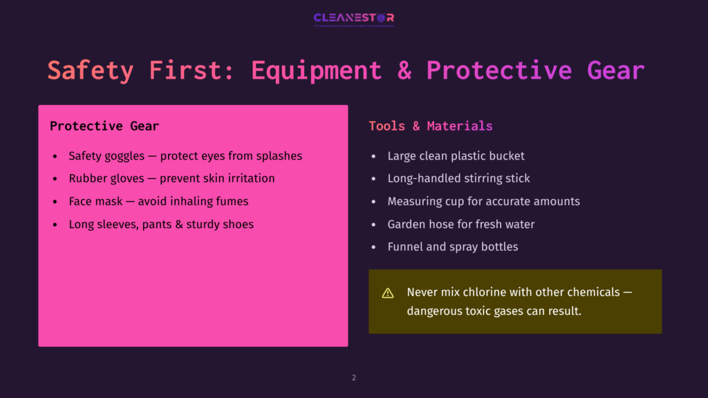 A Presentation Slide Titled &Quot;Safety First: Equipment &Amp; Protective Gear&Quot; Lists Essential Safety Items Like Goggles, Gloves, And Face Masks, Alongside Cleaning Tools Such As Buckets And Hoses. A Warning About Mixing Chemicals Is Also Displayed.