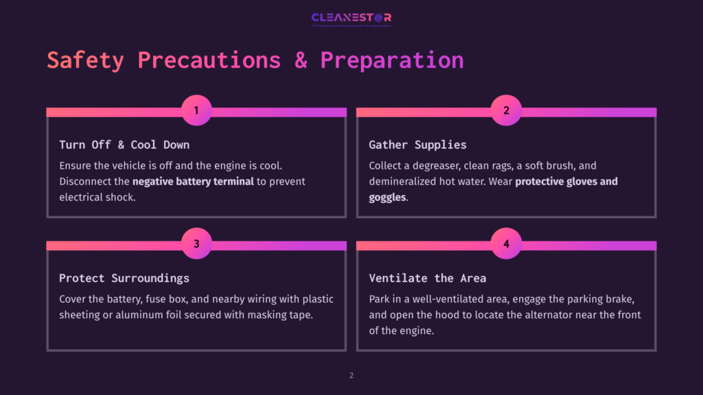 Safety Precautions For Car Cleaning: Turn Off &Amp; Cool Down, Gather Supplies, Protect Surroundings, And Ventilate The Area. The Image Is Divided Into Four Quadrants With Numbered Steps And Text.
