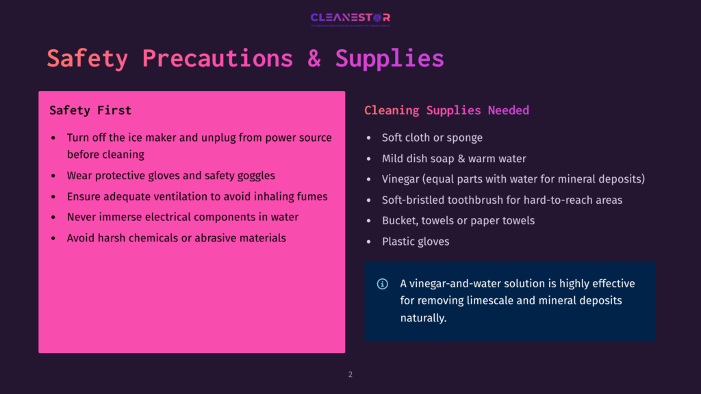 2 Safety Precautions And Supplies Safety Precautions And Supplies For Cleaning A Coffee Maker. Includes Safety First Tips Like Unplugging The Machine And Wearing Gloves, And Cleaning Supplies Like Soap, Water, And A Toothbrush.