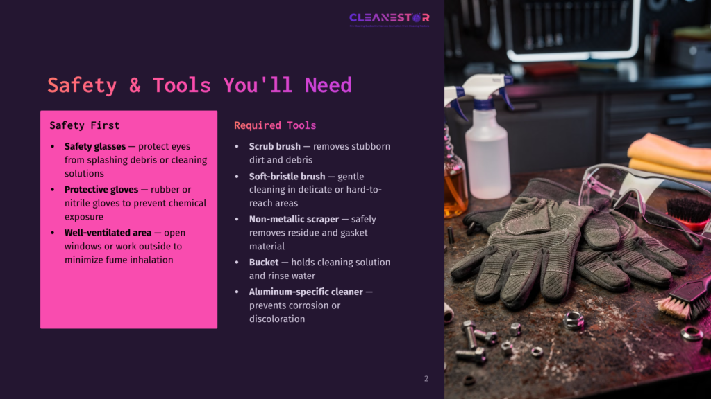 A Workbench Displays Cleaning Supplies Including A Spray Bottle, Gloves, Safety Glasses, And Brushes. Text Overlays List &Quot;Safety First&Quot; And &Quot;Required Tools&Quot; For Cleaning.