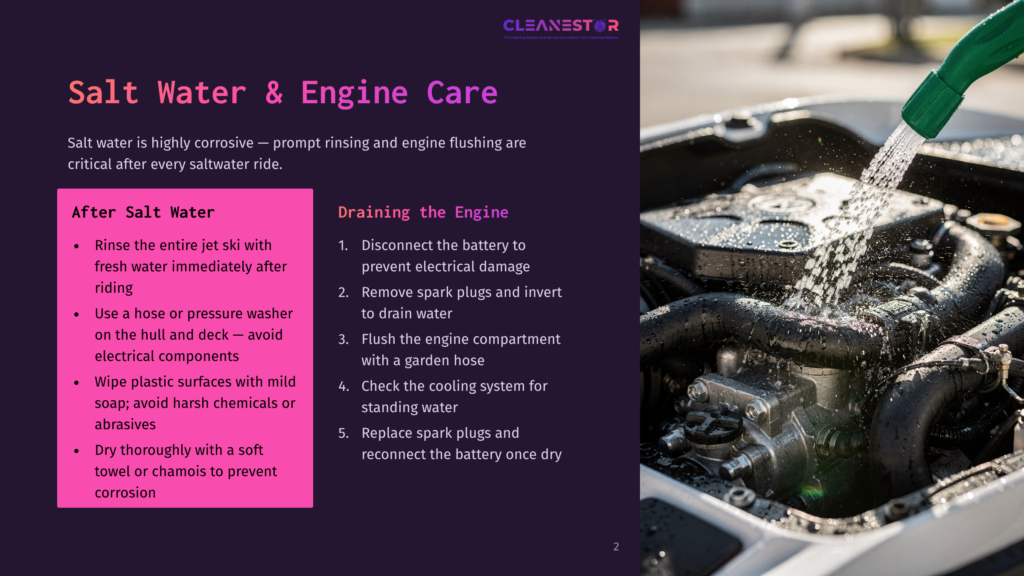 A Car Engine Is Being Flushed With Water Using A Green Hose. The Engine Compartment Is Open, And The Water Flows Directly Onto The Engine'S Components. A Sign On The Image Reads &Quot;Salt Water &Amp; Engine Care,&Quot; Emphasizing The Importance Of Proper Maintenance After Salt Water Exposure.