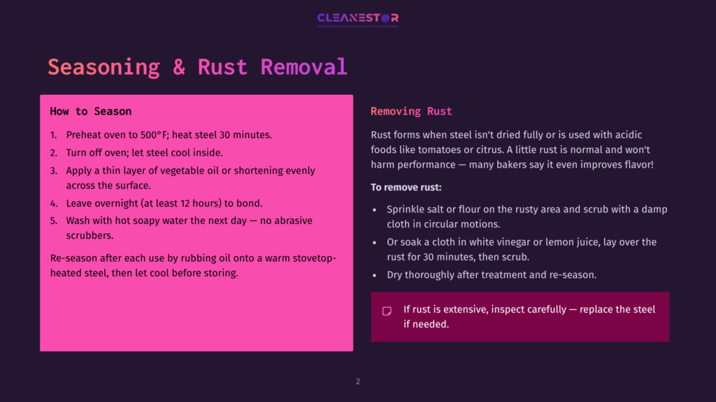 A Graphic Titled &Quot;Seasoning &Amp; Rust Removal&Quot; With Instructions For Seasoning Cast Iron And Removing Rust. The Graphic Is Pink And Dark Purple.